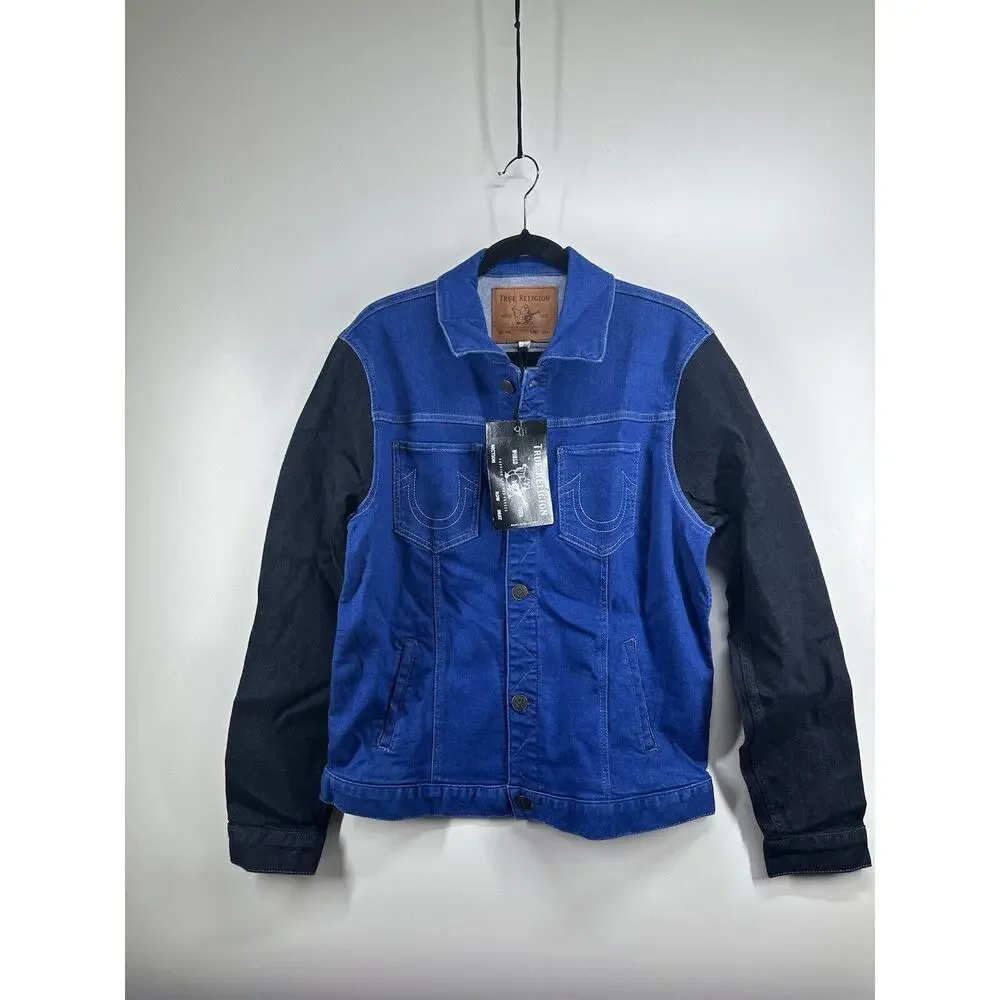 True Religion Men's Dylan 2 Tone Denim Jacket Sz L blue royal Jeans trucker RARE